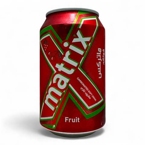 Matrix Fruit Carbonated Drink 330ml in a vibrant can showcasing fruity flavors and refreshing carbonation, perfect for hydration.