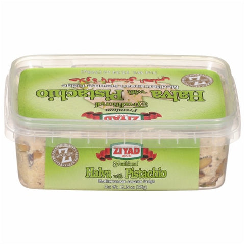 Ziyad Halva with Pistachio packaged in a plastic container, displaying a vibrant green label with the product's name and weight of 17.63 ounces.