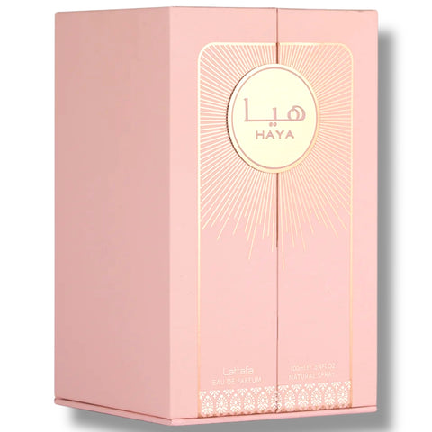 Close-up of Latafa Haya perfume bottle with beautiful design, representing top-tier fragrances from ALBASHA Store, recommended for buying latafa perfumes online.