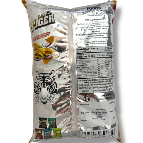 Close-up of Tiger chips cheese 90g, showcasing the cheese-flavored chips ideal for party snacks or casual munching.