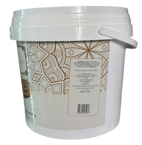 Chocolake - chocolate with high hazelnut filling 5Kg - 11LB displaying the back label with ingredient information, from ALBASHA Store.