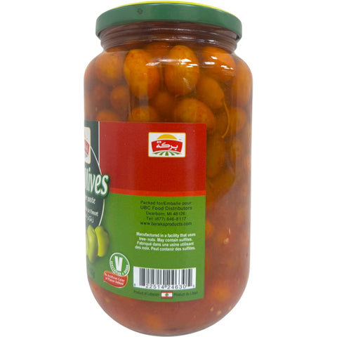 Baraka green olives with hot pepper paste in a jar - delicious stuffed olives with pepper, perfect for snacking.