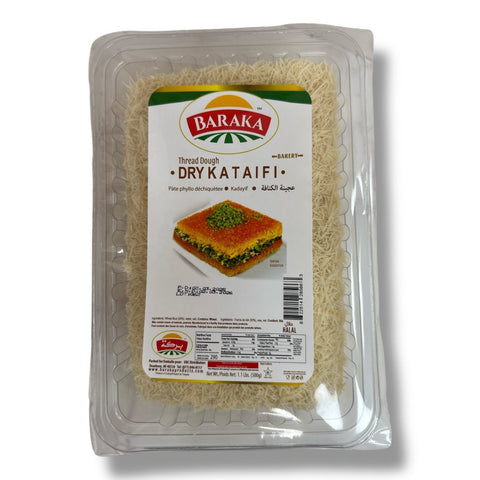 Baraka Dry Kataifi Dough 500g package with shredded phyllo dough for Middle Eastern desserts like Kunafa, Halal certified.