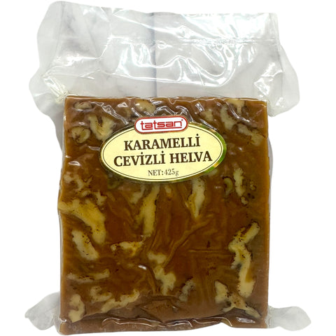 Tatsan carmel walnut halva 454g, a delightful example of traditional halva sweets, showcasing a rich texture and walnut pieces.