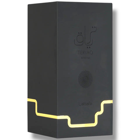 Close-up view of Latafa treaq intense fragrance for men emphasizing its premium packaging and scent notes.