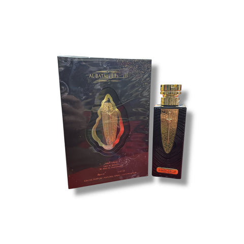 Al Batal Perfume by ALBASHA Market showcased in a stylish box next to the elegantly designed bottle, embodying bold fragrance for men with exotic notes and charm.