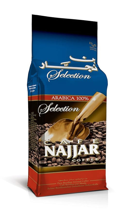 Product image of Turkish Coffee Ground Najjar Coffee 450g featuring a vibrant packaging design by Café Najjar, highlighting Pure Brazilian Arabica beans, ideal for Turkish coffee enthusiasts.