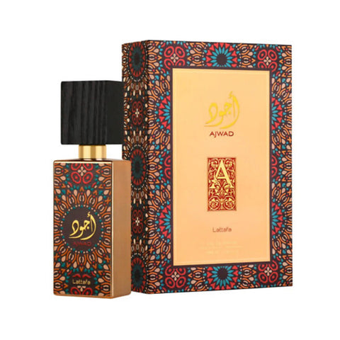 Ajwad Lattafa Perfume 100ml by ALBASHA Market, showcasing an elegant bottle design and beautifully decorated packaging, perfect as a nice valentine gift for Valentine's Day or Love Day.