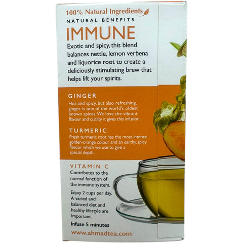 Cup of Ahmad tea immune boosting tea served with fresh lemon for enhanced flavor.