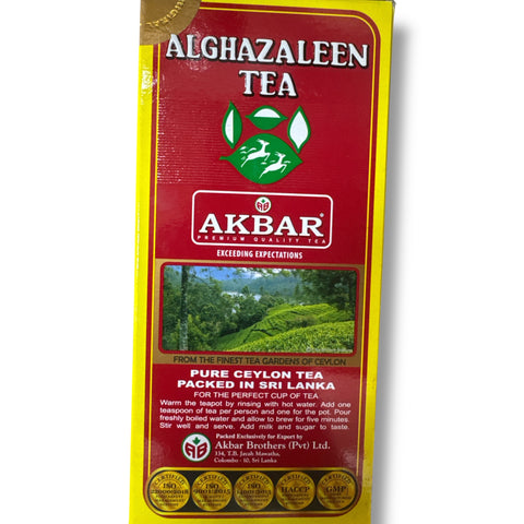 Close-up of Alghazaleen tea leaves highlighting their rich texture and color, presented in an elegant packaging from ALBASHA Store.
