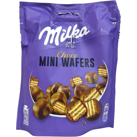 Milka chocolate choco mini wafer 110g packaging showcasing the sweet and crispy chocolate mini wafer.