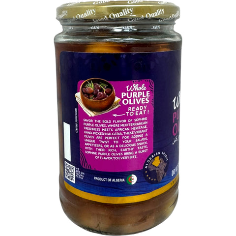 Close-up of Sophine purple olives showcasing their rich color and quality - premium purple olives from ALBASHA Store.
