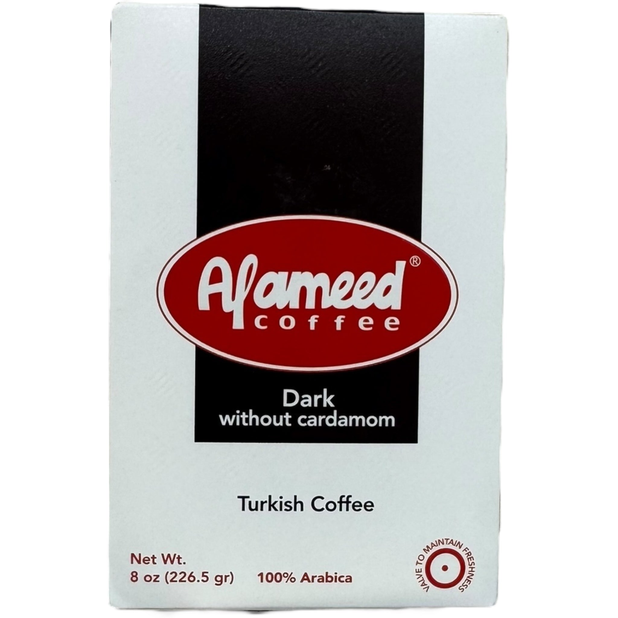 Alameed Turkish coffee dark without cardamom, showcasing rich coffee grounds perfect for Turkish brewing, ideal for a flavorful coffee experience without cardamom.