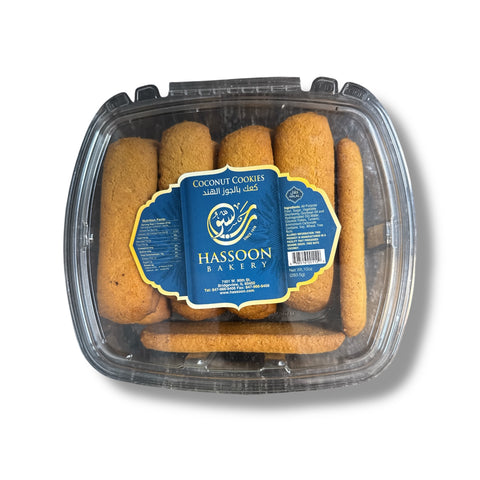 Hasson bakery coconut cookies displayed in a stylish packaging, perfect for indulging in delicious coconut cookies.