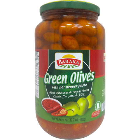 Baraka green olives with hot pepper paste - premium quality stuffed olives with pepper from ALBASHA Store.