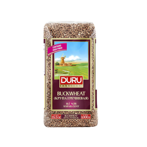 Best Duru Buckwheat package, featuring whole buckwheat grains, highlighted with the text 'Contains High Fiber', in a scenic background with a windmill and green fields.