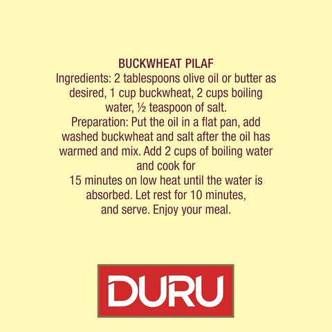 Recipe card for Buckwheat Pilaf, listing ingredients and preparation instructions, featuring the Duru brand logo.