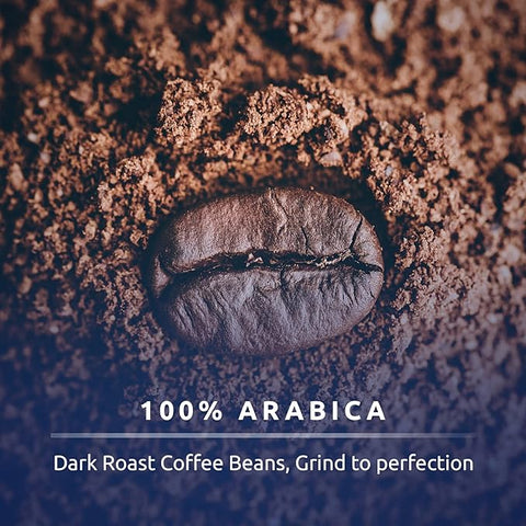 Close-up image of a dark roast coffee bean surrounded by ground coffee, emphasizing the quality of 100% Arabica used in Turkish Coffee Ground Najjar Coffee by Café Najjar.