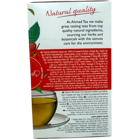 Healthy lifestyle imagery with Ahmad tea energy herbal tea served alongside nutritious snacks.