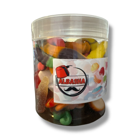 Stylish packaging of Albasha Exotic gummy mix, promoting an irresistible gummy candy assortment for candy lovers.