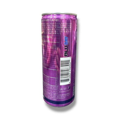 Back view of Blu Day Energy Drink – Grape Flavor, detailing nutritional information and ingredients, ideal for consumers looking for healthier energy drinks.