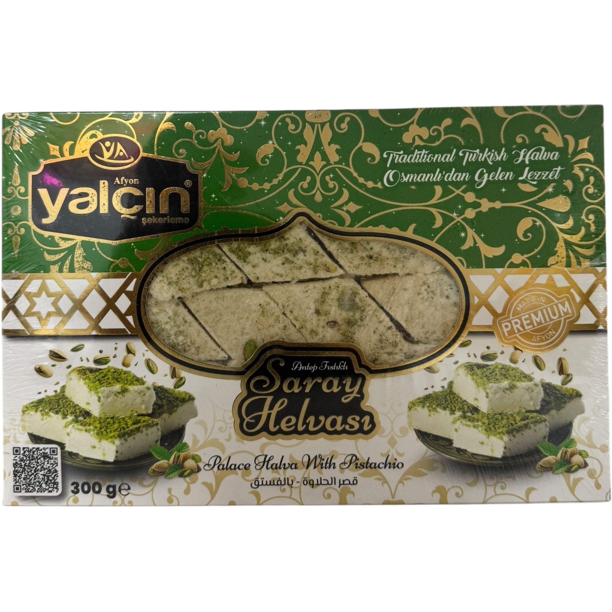 Yalcin Turkish halva with pistachio, a sweet and nutty confection rich in flavor, showcasing its vibrant green pistachios.