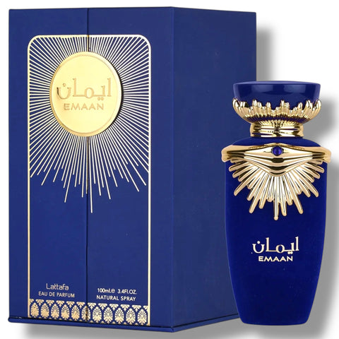 Latafa Emaan fragrance bottle showcasing elegant design and luxurious appeal.