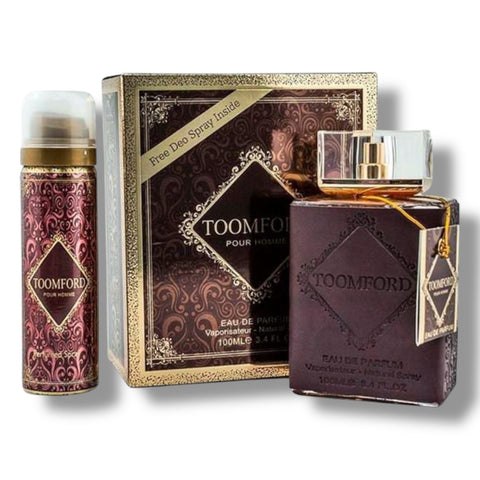 Tom Ford Perfume unisex luxurious fragrance with elegant dark bottle and packaging set including free deo spray