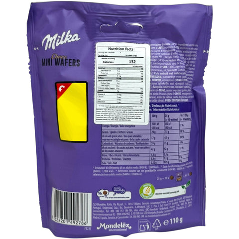 Close-up of Milka chocolate choco mini wafer 110g displaying the delicious layers of the chocolate mini wafer.
