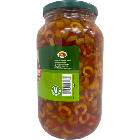 Close-up of Baraka spicy sliced green olives, showcasing their vibrant color and flavor, ideal for culinary creations with spicy green olives.