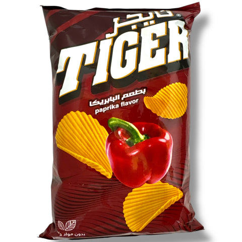 Tiger chips paprika 90 - a pack of paprika flavored chips from ALBASHA Store, featuring vibrant packaging and a delicious snack option.