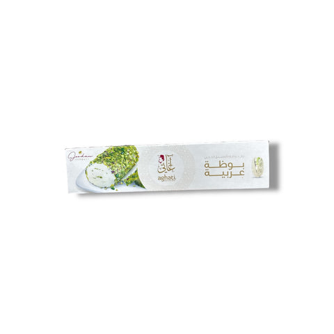 AGHATI Arabian Ice Cream with Crunchy Pistachios packaging displaying the ice cream roll covered in pistachio nuts, available at ALBASHA Market.