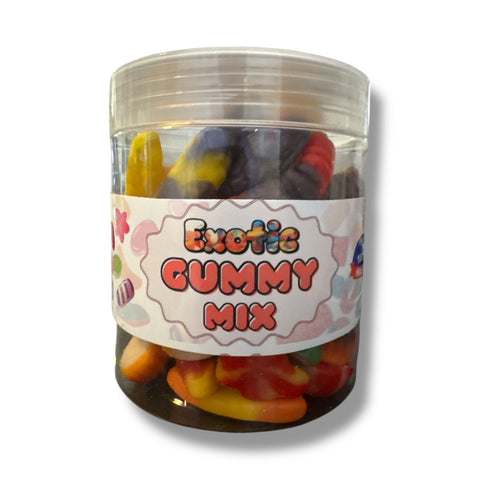 Albasha Exotic gummy mix showcasing a vibrant gummy candy assortment with assorted flavors and shapes.