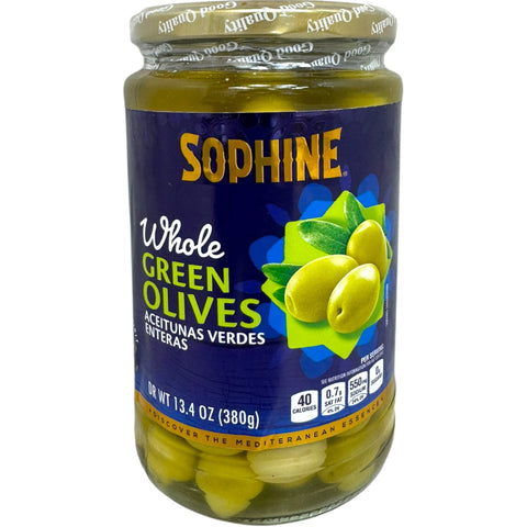 Sophine green olives - the best green olives from ALBASHA Store, perfect for enhancing dishes and snacks.