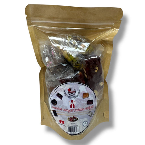 Albasha Turkish delight, a popular selection among traditional Turkish sweets, showcasing its colorful, enticing presentation.