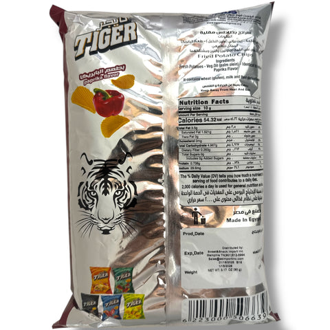 Tiger chips paprika 90 - showcasing paprika flavored chips that deliver a bold taste, available at ALBASHA Store.