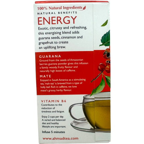 Steaming cup of Ahmad tea energy herbal tea demonstrating its refreshing properties.