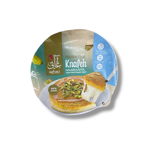 AGHATI Knafeh Naabulsiya frozen Middle Eastern dessert with melted cheese and pistachios in golden crust