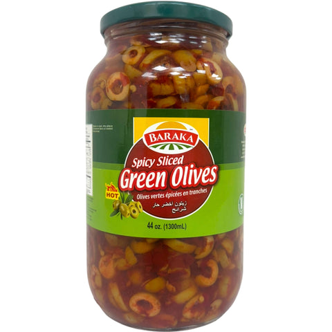 Baraka spicy sliced green olives, featuring savory spicy green olives from ALBASHA Store, perfect for enhancing salads and dishes.