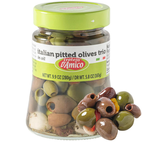 Fratelli D'Amico, Italian Olives Mix Pitted with garlic and red and yellow peppers, 9.9 oz (280g)