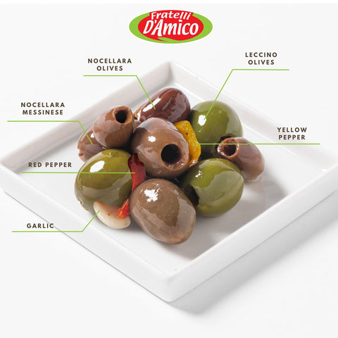 Fratelli D'Amico, Italian Olives Mix Pitted with garlic and red and yellow peppers, 9.9 oz (280g)