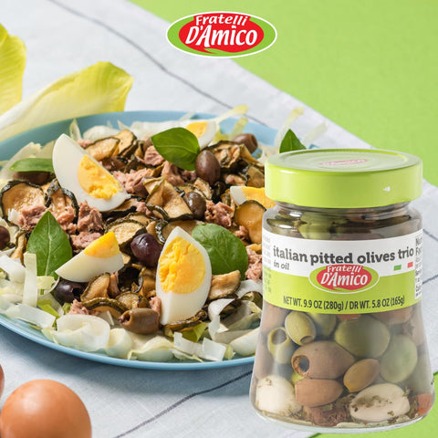 Fratelli D'Amico, Italian Olives Mix Pitted with garlic and red and yellow peppers, 9.9 oz (280g)
