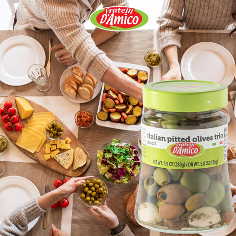 Fratelli D'Amico, Italian Olives Mix Pitted with garlic and red and yellow peppers, 9.9 oz (280g)