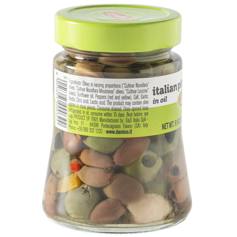 Fratelli D'Amico, Italian Olives Mix Pitted with garlic and red and yellow peppers, 9.9 oz (280g)