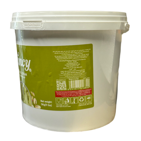 Side view of the Fancy Pistachio Cream 5kg - 11lb Jar - Luxurious Spread from Finest Dubai Pistachios by ALBASHA Store, featuring product details and nutritional information on the jar.