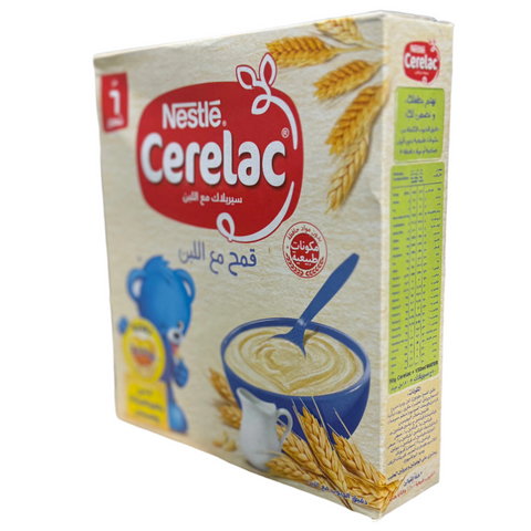 Nestle Cerelac Wheat - Milk 250 Gm side view of the product box, featuring the blue bear character and details about the ingredients. Nestle branded.