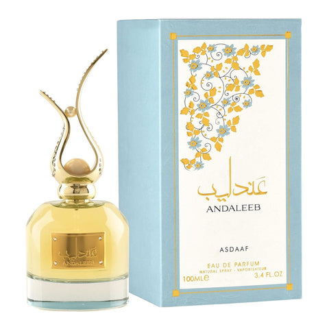 Lattafa Asdaaf Andaleeb for Unisex - A luxurious arabian scent for men and women, showcasing its elegant bottle design.