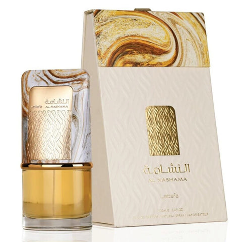 Close-up view of Lattafa Unisex Al Nashama fragrance bottle highlighting the intricate details, perfect for lattafa fragrance enthusiasts.