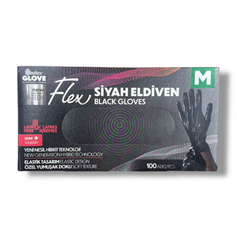 Flex BLACK GLOVES (M) medium size -100 PCS- displayed in packaging, ideal for various uses including industrial and personal protection.