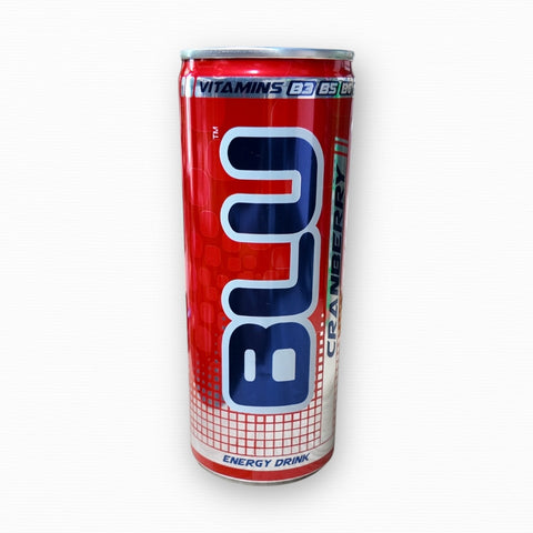 Chilled BLU Energy drink, cranberry displayed on a table, showcasing a refreshing energy beverage perfect for boosting focus and revitalizing the spirit.